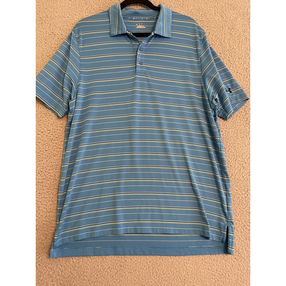 Under Armour Mens Heatgear Polo Golf Shirt Large Blue Stripes Black White Yellow